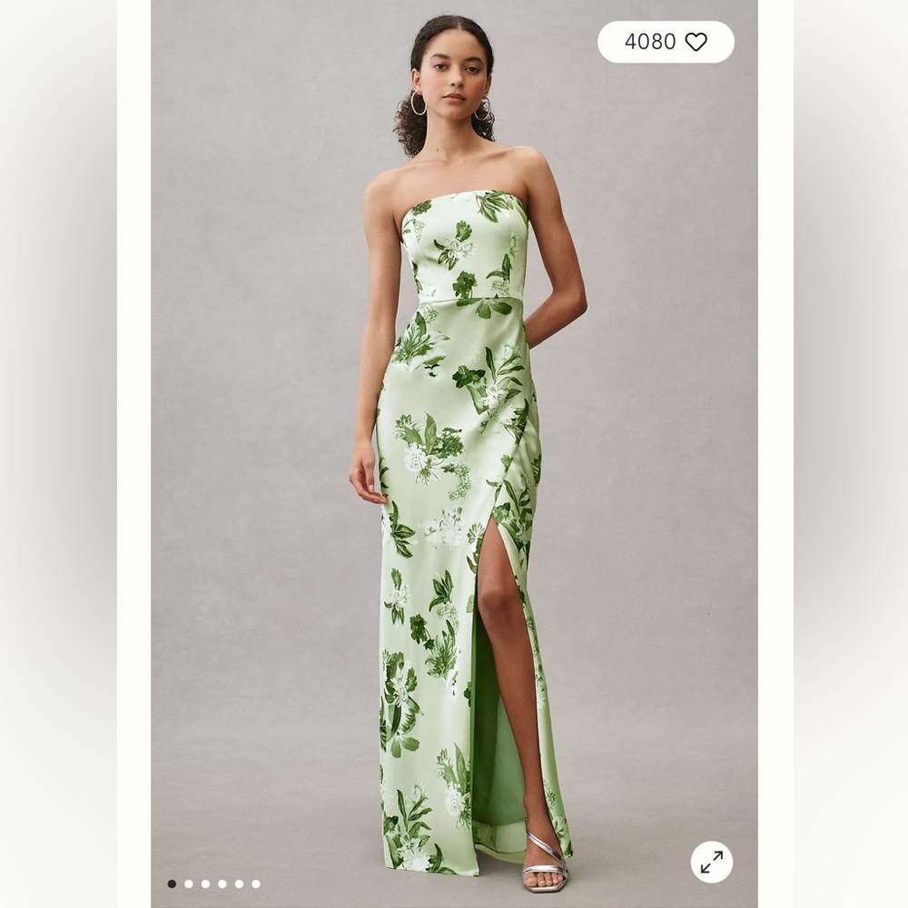 BHLDN Strapless Green Floral Satin Gown